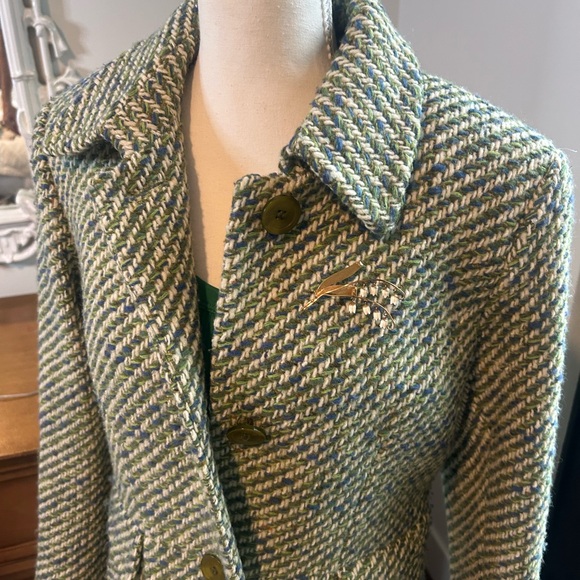 DKNY Green and Blue Tweed Trench Coat - Picture 6 of 8